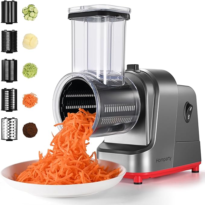 Electric Cheese Grater, Salad Maker With 5 Different Shapes of Blades, 250W Electric Slicer Shredder, Electric Salad Machine for Cheeses, Fruits and Vegetables, Silver