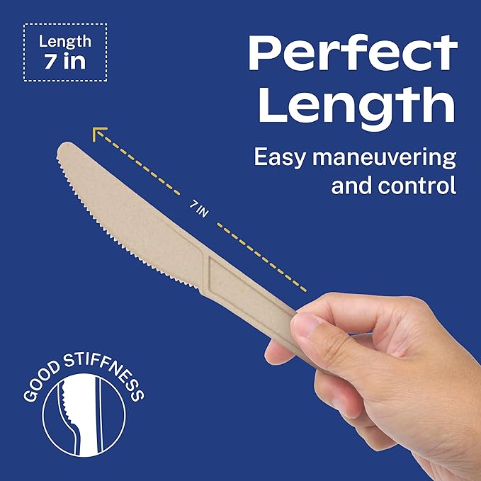 CORAL Light Brown 100% Compostable Knives - 120 Heavy Duty No Plastic Knives (7.0 inch) - Break Resistant with Smooth Edges, Ocean Friendly Alternative to Plastic Silverware - Biodegradable & Disposable Knives