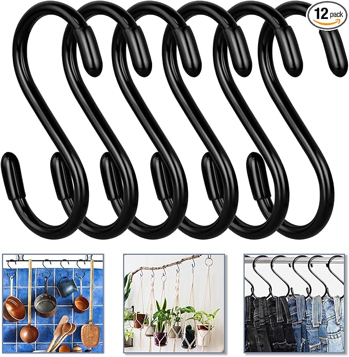 Vinyl Coated S Hook, Hanging Plants,Non Slip,Small Rubber Coated Steel Metal Black Closet S Hook for Hanging Jeans Plants Jewelry Pot Pan Cups Towels (6, 5 Inch+Black + Vinyl Coating)