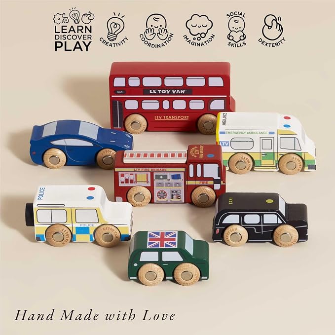 Le Toy Van London Car Set Premium Wooden Toys for Kids Ages 3 Years & Up (TV267), 7-pk