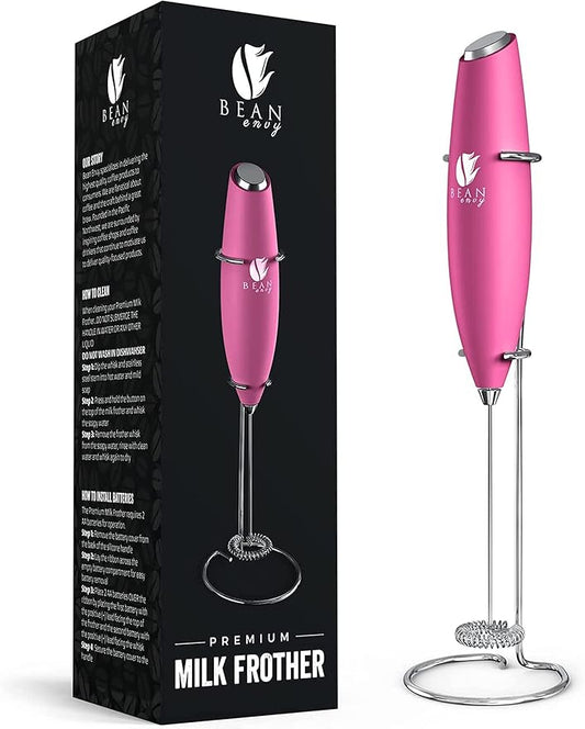 Bean Envy Milk Frother, Coffee Stirrers, Frother Wand, Milk Frother Handheld, Frother with stand, Hand Blender for Coffee, Lattes, Cappuccino, Matcha and Hot Chocolate – Kitchen Gifts (Raspberry)