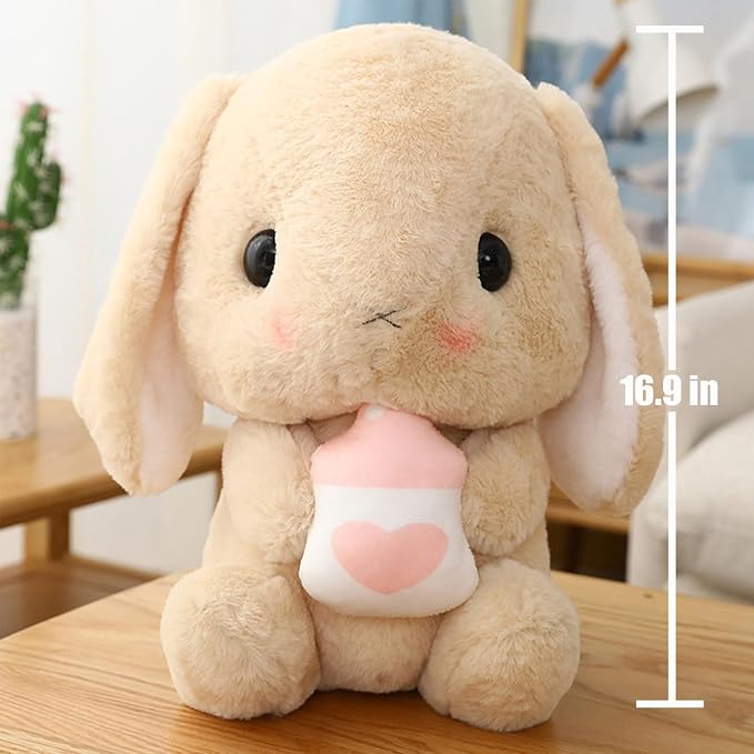 HOUPU Soft Toy - Sitting Lop Eared Rabbit, Easter White Rabbit Stuffed Bunny Animal with Carrot Soft Lovely Realistic Long-Eared Standing Pink Plush Toys (Brown-Milk Bottle,16.9in/43cm)