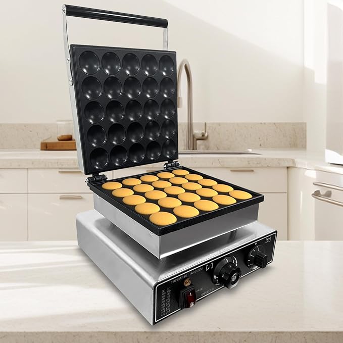 Commercial 25 PCS Mini Dutch Pancake Maker, 1750W Electric Mini Pancakes Maker Machine with Temp & Time Control, Non-Stick Surface, Stainless Steel, for Home Kitchen Bakery Snack Bar