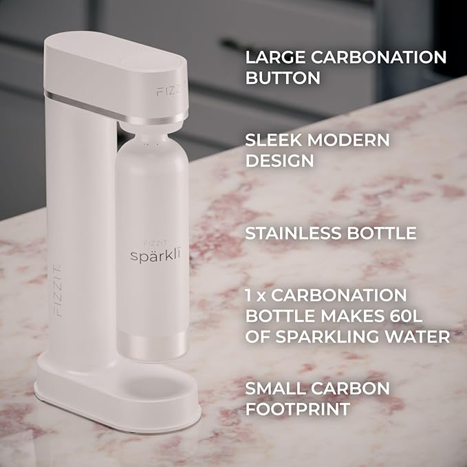 White Stainless Steel Sparkling Water Maker with 2 CO2 Cylinders & 2 Reusable Bottles