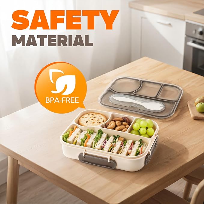 EASYFUN Bento Box Adult, Lunch Box, 4-Compartment Lunch Containers, Drop-Proof, Dishwasher Safe & Made with BPA-Free Materials(Khaki)