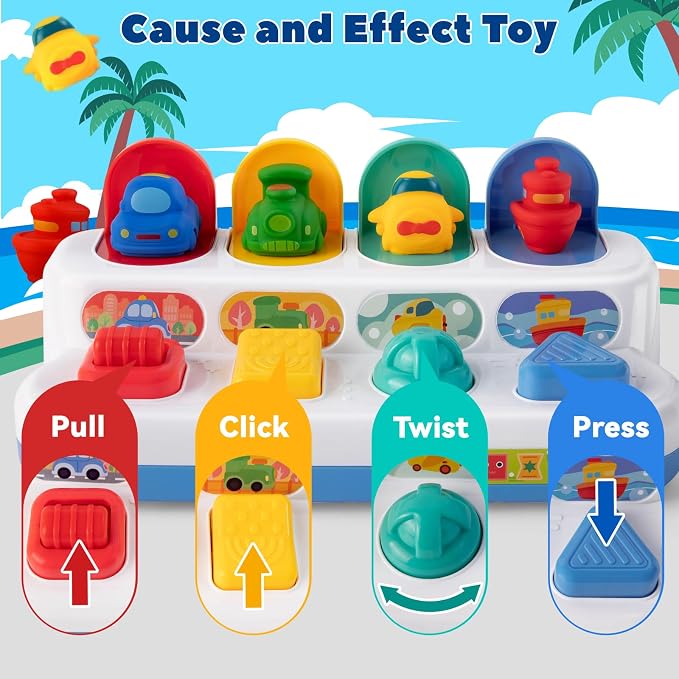 Interactive Cause & Effect Pop Up Vehicle Toys for Toddlers 1-3 Years, Sensory Montessori Toys for Infants 8-12 Months, Fun Hide and Seek Play for Boy Girl