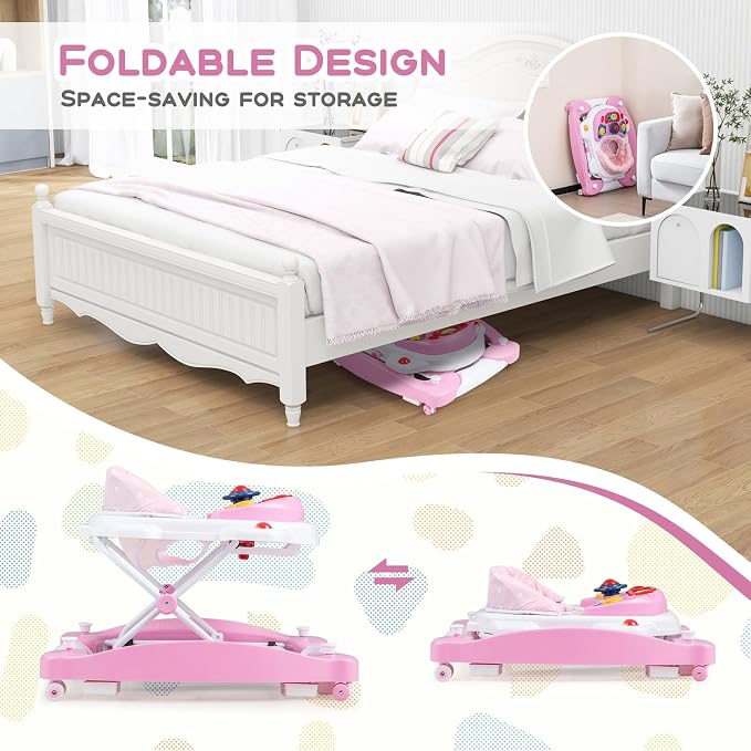 BABY JOY 6-in-1 Baby Walker, Foldable Baby Walker with Wheels, Adjustable Height, Music, Lights, Bouncer & Rocker Mode, Baby Walkers for Boys Girls 6-14 Months (Pink)