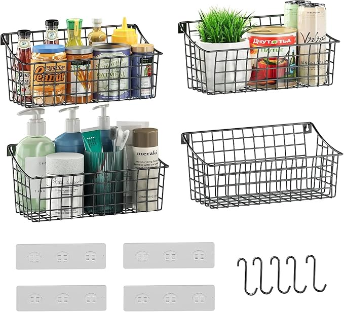 Sonyabecca 4 Pack Hanging Wall Basket for Organizing, Large Wire Basket for Storage Pantry with 5 S Hook+4 Adhesive Hook, Wall Mounted Shelf for Kitchen Bathroom