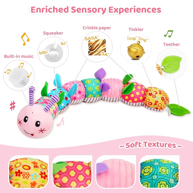 Baby Toys 0-12 Months, Caterpillar Musical Plush Stuffed Toy for Infant, Animal Soft Rattle Sensory Toys with Teether for Tummy Time, Newborn Boy& Girl Shower Birthday Christmas Valentines Gift