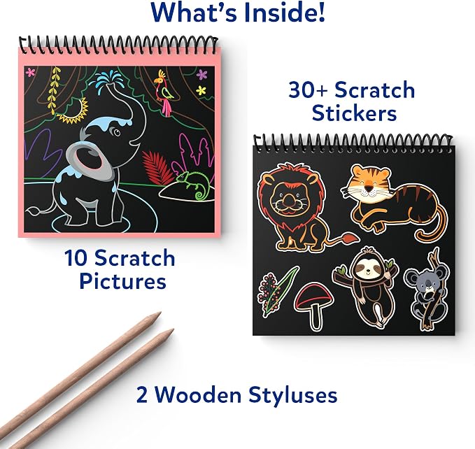 Skillmatics Scratch Art Book for Kids - Animals, Craft Kits & Supplies, 30+ Scratch Stickers, Travel Toys, DIY Kit, Gifts for Boys & Girls Ages 3, 4, 5, 6, 7, 8