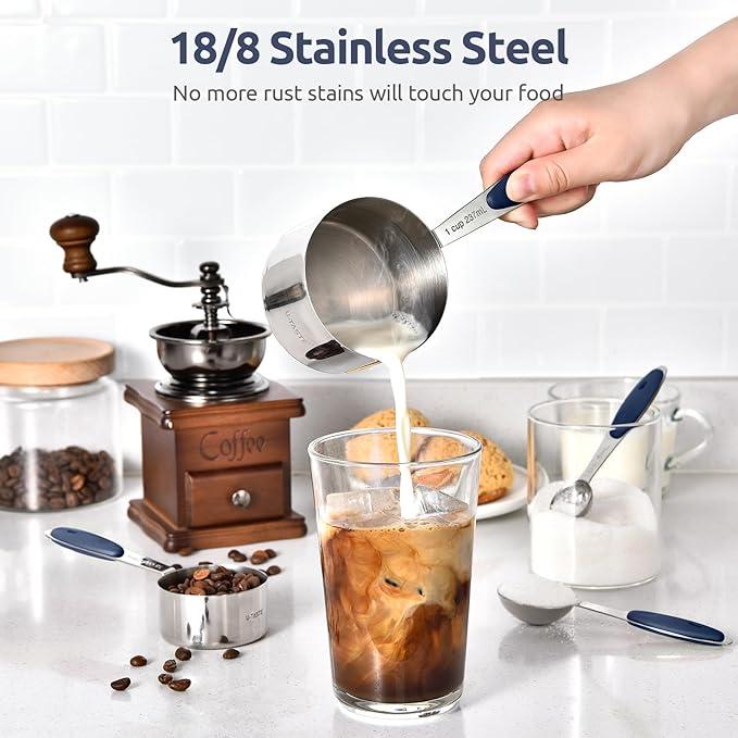 U-Taste 18/8 Stainless Steel Measuring Cups and Spoons Set of 10 and 12.6in Stainless Steel Danish Dough Whisk (Midnight Blue)