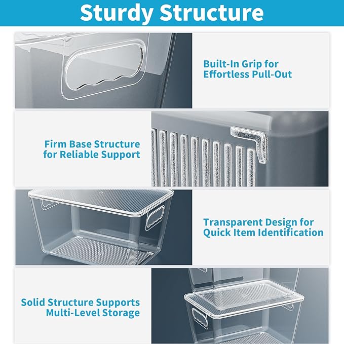 Clear Plastic Storage Bins, Pantry Organizers & Storage Containers, Cabinet Organizer, Home Organization Must Haves for Kitchen, Laundry Room, Office, Closet & Freezer (4 Pack with Lids)