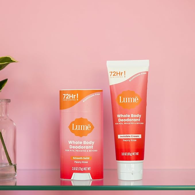 Lume Whole Body Deodorant - Invisible Cream and Solid - 72 Hour Odor Control - Aluminum Free, Baking Soda Free, Skin Safe - 3.0 Ounce Cream and 2.6 Ounce Solid Bundle (Peony Rose)
