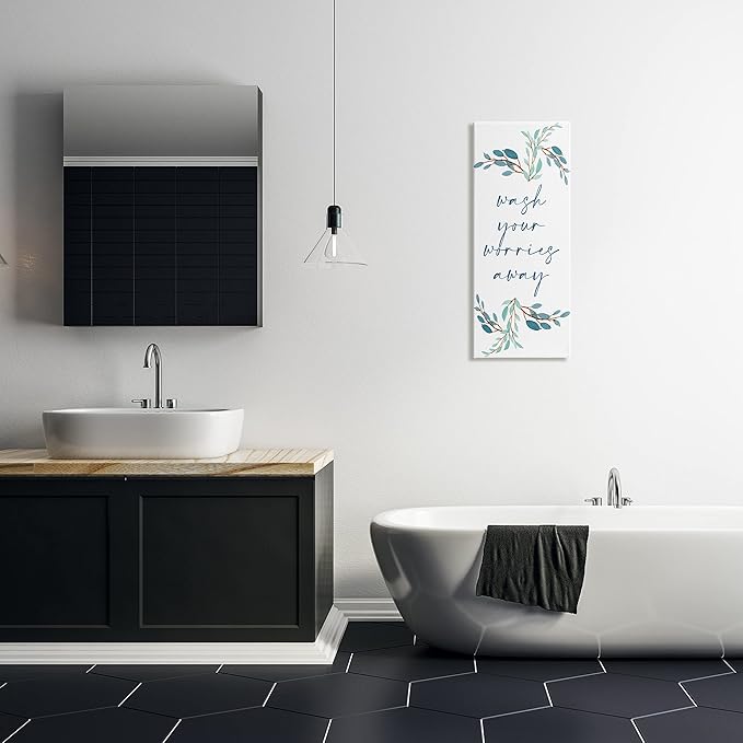 Stupell Industries Wash Your Worries Away Bathroom Phrase Blue Plants, Designed by Kim Allen Canvas Wall Art, 13 x 30