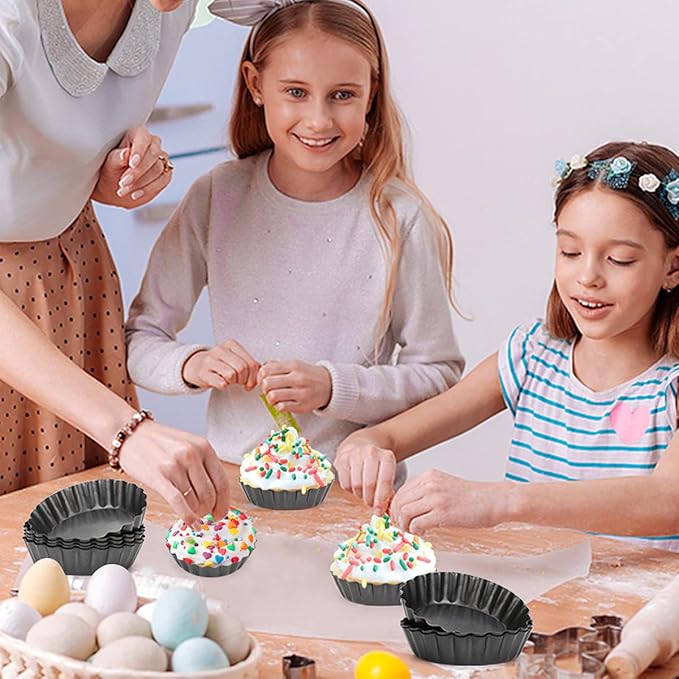 12 pcs Egg Tart Molds, 3" Mini Tart Pans Removable Bottom, Cupcake Cake Muffin Mold Tin Pan Baking Tool, Reusable Quiche Bakeware Carbon Steel for Pies, Quiche, Cheese Cakes, Desserts
