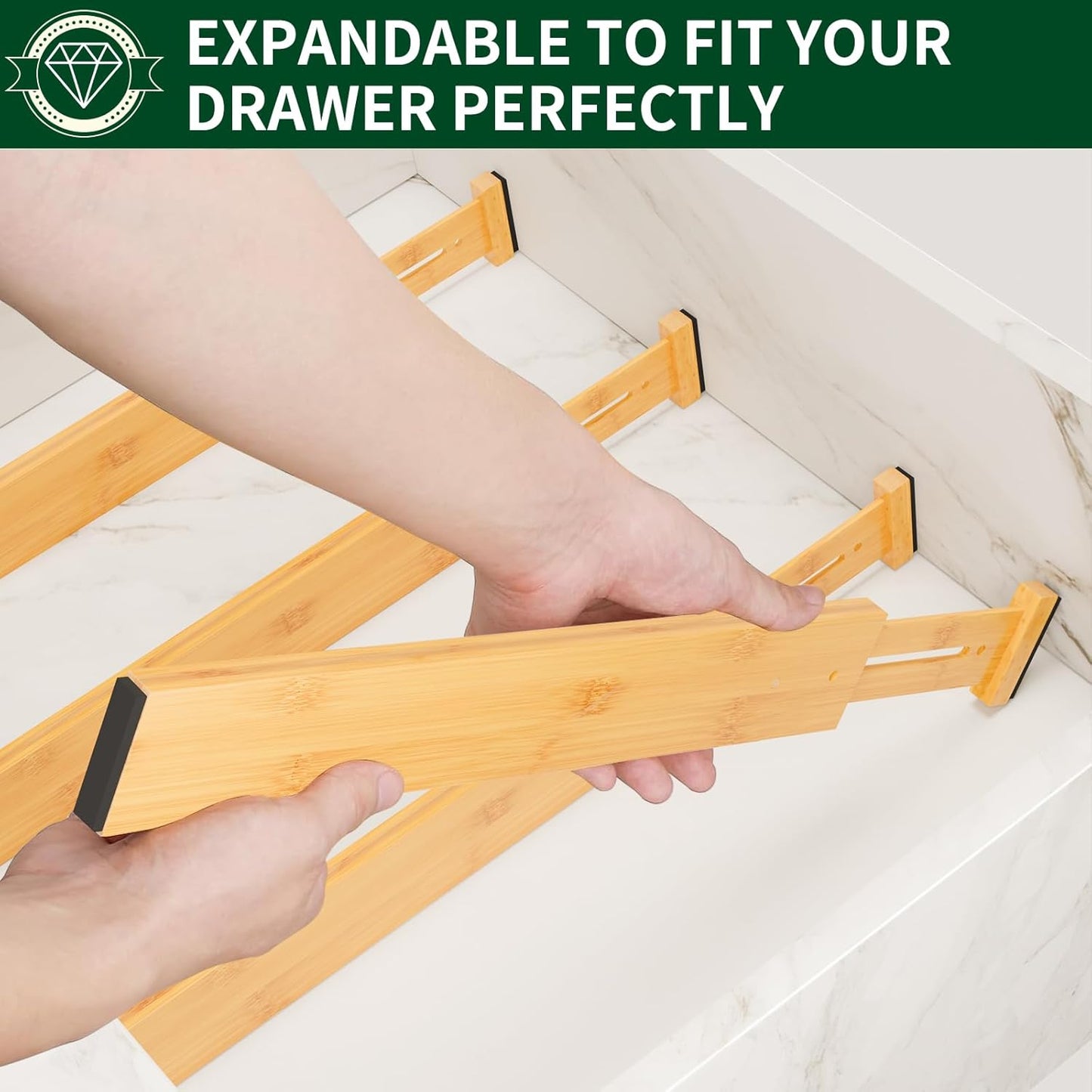 4 Pack Bamboo Drawer Dividers 2.6" High,17-22" Adjustable Spring Loaded Drawer Organizers for Kitchen, Dresser, Bathroom, Bedroom and Office