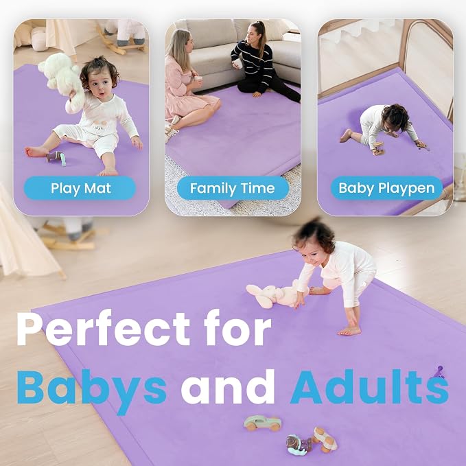 1.3" Thick Baby Play Mat for Floor, 39x59 Foam Tummy Time Mat, Padded Support Soft Plush Nursery Rug for Infant Kids Toddler Crawling Kick Activity (Lavender)