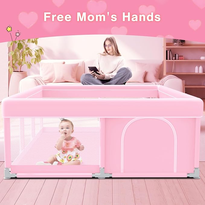 Pink Baby Playpen 74x50 Inches Playpen for Little Princess Play Yards Indoor & Outdoor Sturdy Safety Baby Girls Play Pen with Soft Breathable Mesh Toddlers Activity Center with Anti-Slip Base