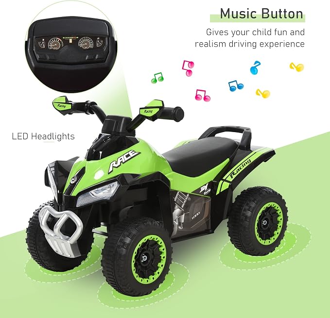 Aosom NO Power Kids Ride On Push Car, Ride Racer, Foot-to-Floor Sliding Car, Walking ATV Toy with Music, Lights, for 1.5-3 Years Old, Green