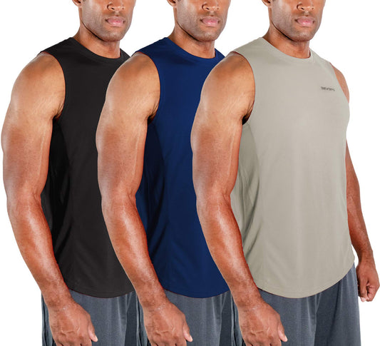 DEVOPS 3 Pack Men's Muscle Shirts Sleeveless Dry Fit Gym Workout Tank Top (Medium, Black/Navy/Gray)
