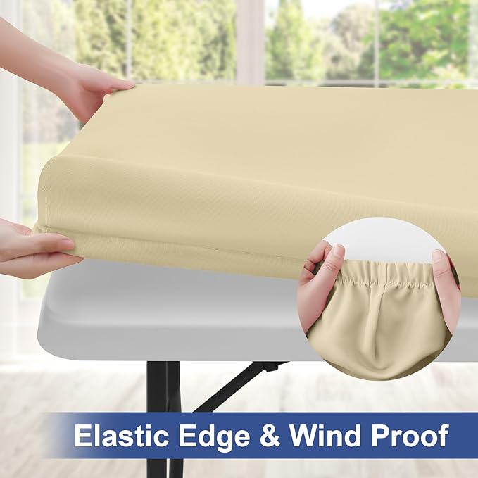 homing Rectangle Table Cloth Cover, Waterproof Polyester Elastic Fitted Tablecloth, Fits for 6 Foot Folding Tables, Washable Table Protector for Picnic, Camping, Outdoor (Champagne, 30" x 72")