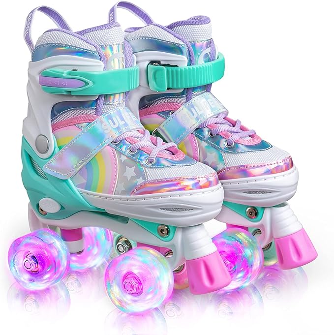 SULIFEEL Rainbow Unicorn 4 Size Adjustable Roller Skates for Girls Boys for Kids Ages 3-5 5-8 6-12 Children Skates Indoor Outdoor