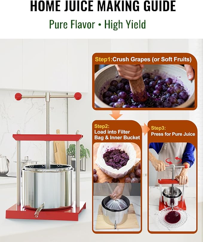 EJWOX 1.6 Gallon Manual Press - Professional Stainless Steel Fruit & Vegetable Squeezer with Filter Bag - Large 6L Capacity for Honey, Cheese, & Plant Infusions - Heavy Duty Top-Handle Juice Extractor