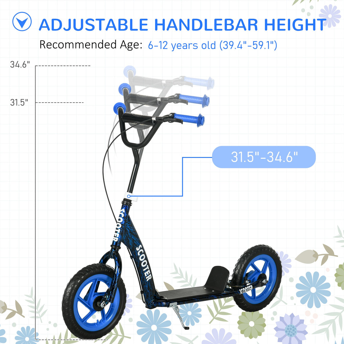Kids Scooter with Adjustable Handlebar, Kids Kick Scooter with Non-slip Footplate, Rear Brake, 12" EVA Wheels, Blue