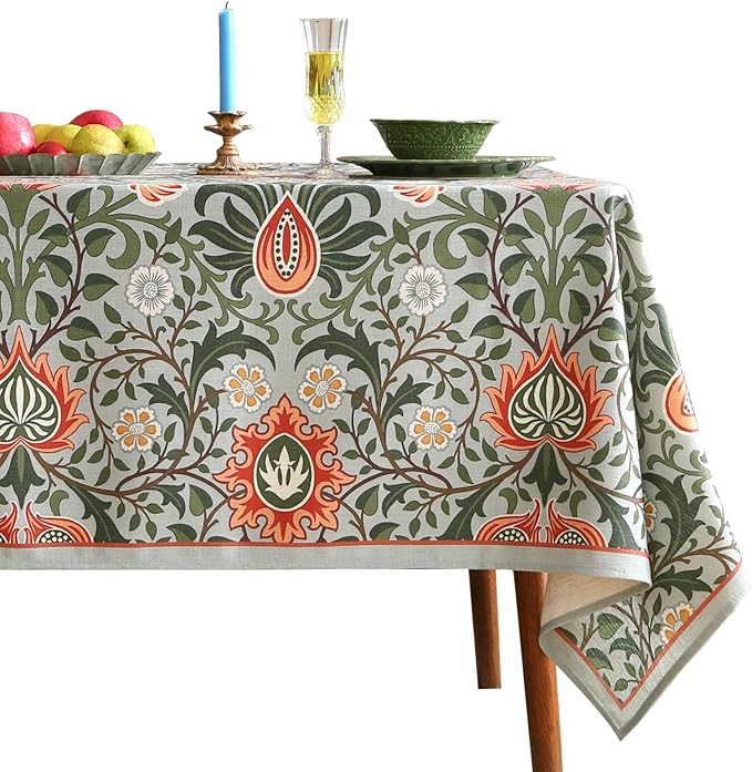 ISAENNE Designer Bohemian Linen Green Small Rectangular Tablecloth,Floral Indoor Table Cloth,Stain Resistant Decor Tablecloths for Dining Thanksgiving Kitchen Party Christmas,55"*71"-Naples