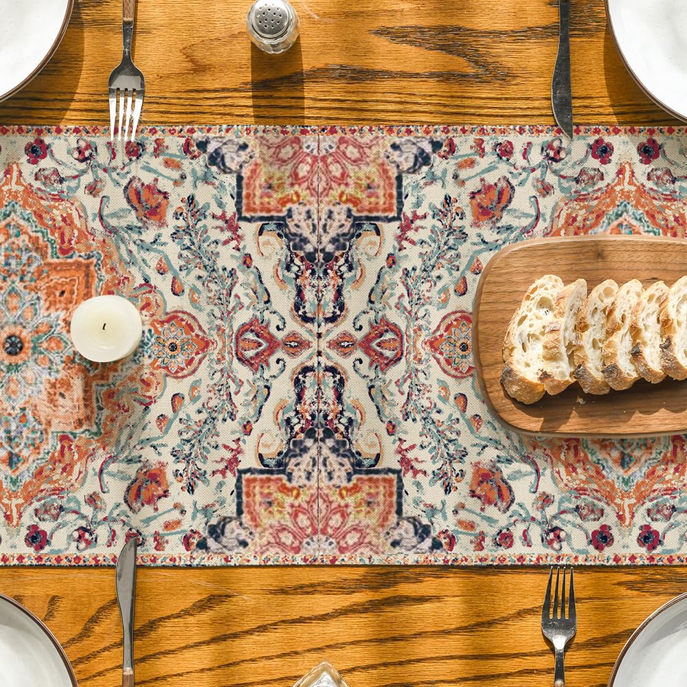 Artoid Mode Boho Bohemia Style Orange Table Runner, Country Rustic Farmhouse Magical Fall Kitchen Dining Table Decoration for Home Party Decor 13x72 Inch