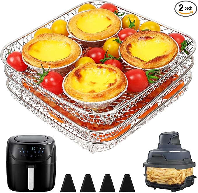 BYKITCHEN 7 Inch Air Fryer Rack Fit for Ninja Crispi/Ninja Pro 5QT/ Cosori 5QT/ Chefman 5-6QT Airfryer &More, Air Fryer Accessories, 3pcs Stackable Stainless Steel Airfryer Basket with Silicon Feet