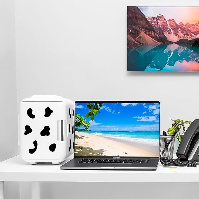 Cooluli Skincare Mini Fridge for Bedroom - Car, Office Desk & Dorm Room - Portable 4L/6 Can Electric Plug In Cooler & Warmer for Food, Drinks, Beauty & Makeup, 12v AC/DC & Exclusive USB, Cow Print