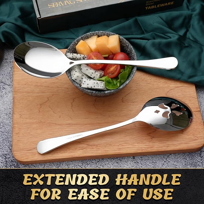 8 Piece Stainless Steel Serving Spoon Set - 4 Large, 4 Slotted,Dishwasher Safe,10-Inch, for Parties/Kitchen/Buffet/Catering