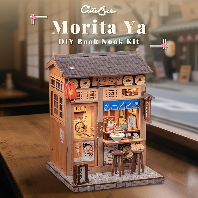 CUTEBEE Book Nook Kit, DIY Miniature House Kits for Adult and Teens, Dollhouse Booknook Tiny House, Bookshelf 3D Wooden Puzzle, DIY Craft Gifts for Family and Friends (Morita-Ya)