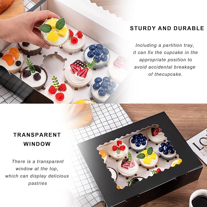 Hoewina 6PCS Cupcake Boxes - Hold 12 Count Cupcake Containers with Window, Food Grade Cupcake Holder Easy Transport and Presentation - Ideal for Cupcakes, Desserts, and More (Black)
