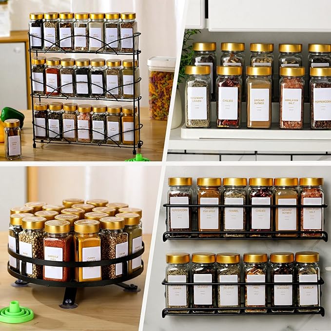Glass Spice Jars with Label, 24Pcs Spice Jars with Shaker Lids-4 oz Gold Spice Seasoning Jars Bottles Containers Set for Spice Rack (24)