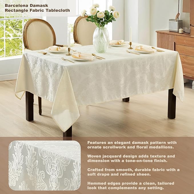 Newbridge Barcelona Luxury Damask Fabric Tablecloth, 70” Extra Wide x 126” Rectangle, Antique White, 100% Polyester, No Iron, Soil Resistant Dining Room, Party and Banquet Table Cover