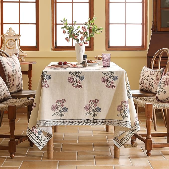 ISAENNE Designer Linen Light Beige Extra Long Table Cloth Rectangle,French Colorful Floral Tablecloth,Stain Resistant Decor Tablecloths for Dining Thanksgiving Kitchen,67"*118"-Helena E