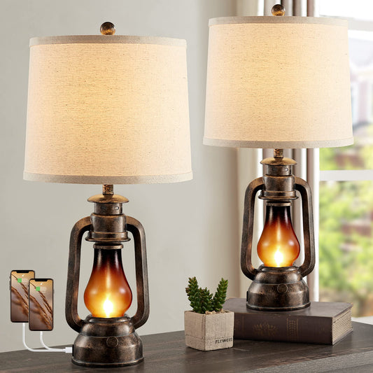 Farmhouse Rustic Table Lamps for Bedroom Set of 2, Vintage Lantern Lamp with Dual USB Charging Ports,25" Retro Antique Bedside Nightstand Desk Lamp for Living Room End Table Entryway, 4 Bulb Included