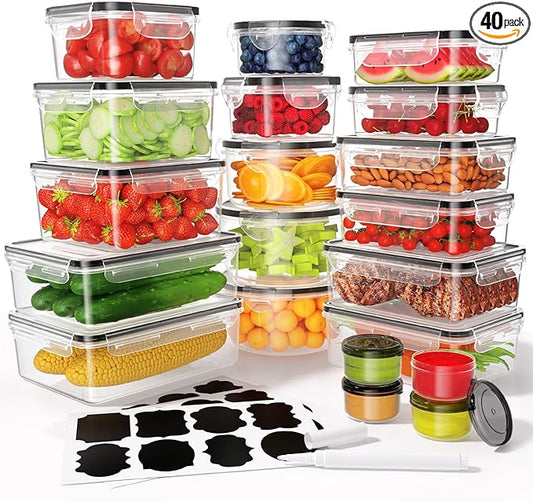 40 PCS Food Storage Containers with Lids Airtight (20 Containers & 20 Lids), Leak proof Meal Prep Container Set for Kitchen Storage, BPA-free, PVC-free Plastic, Microwave/Dishwasher Safe, Labels & Pen