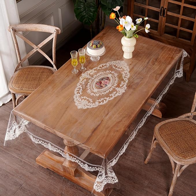Clear Table Cover Protector Rectangle Vinyl Table Cloth Waterproof Oil Spill Proof Wipe Clean Lace Plastic Tablecloths for Dining Tables (French Lace, 60 x 120 Inches)
