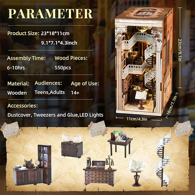 CCCDF DIY Book Nook Kit for Adults and Teens, Miniature Dollhouse Booknook Kit, 3D Wooden Puzzle Booknook Bookshelf Bookcase Model Build Kit Decor Alley with LED Light (Law Library)