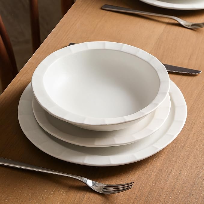 Stone Lain Oasis 12-Piece Dinnerware Set Stoneware, Dishwasher and Microwave Safe Plates and Bowls Set, Dish Set for 4, White