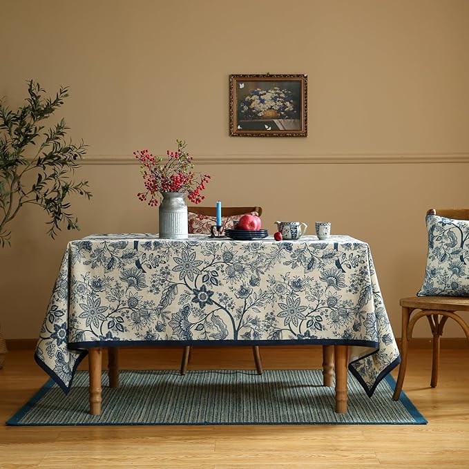ISAENNE Designer French Linen Square Tablecloth,Blue Floral Washable Indoor Table Cloth,Durable Home Decor Tablecloths for Dining Thanksgiving Kitchen Tea Party Christmas,67"*67"-Ruyi B