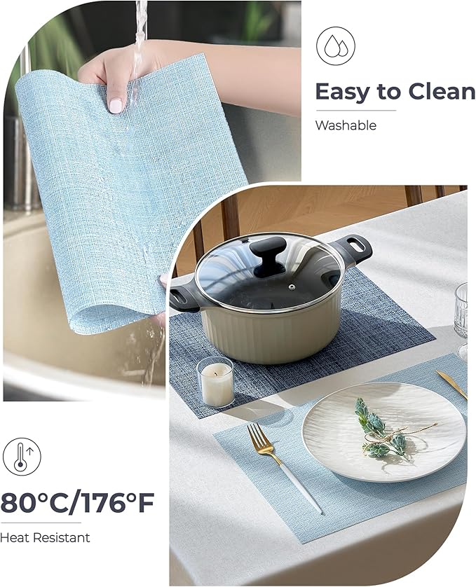 Leetaltree Soft Sky Blue Woven Placemats Set of 4 - Heat Resistant Non-Slip Place mats for Dining Table, Washable Durable PVC Vinyl Woven Table Mats(Sky Blue, 4)