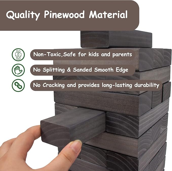 Juegoal 54 Pieces Giant Tumble Tower Blocks Game Giant Wood Stacking Game with 1 Dice Set, Gameboard, Canvas Bag for Adult, Kids, Family, Grey
