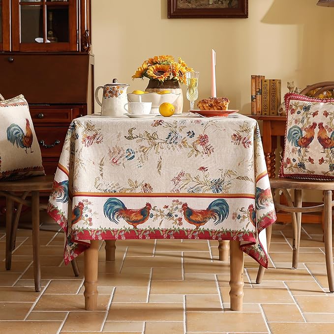 patdrea Designer Linen Red Long Rectangle Tablecloth,Vintage French Animals Pattern Tablecloths,Decoration Floral Table Cover for Kitchen Dining Christmas,Party,Thanksgiving,63"x94"-Townlife E