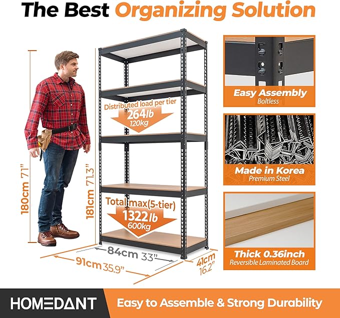HOMEDANT 5 Tier Storage Shelves Adjustable Laminated Boltless Garage Metal Shelving Unit Heavy Duty Utility Rack Shelf Warehouse Pantry Closet Kitchen 35.9" W x 16.2" D x 71.3" H 4Pack