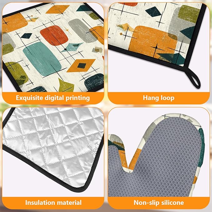 Mid Century Oven Mitts and Pot Holders Sets 4Pcs Silicone Non-Slip Mitts Heat Resistant Gloves Hot Pads for Kitchen Cooking Baking Grilling BBQ