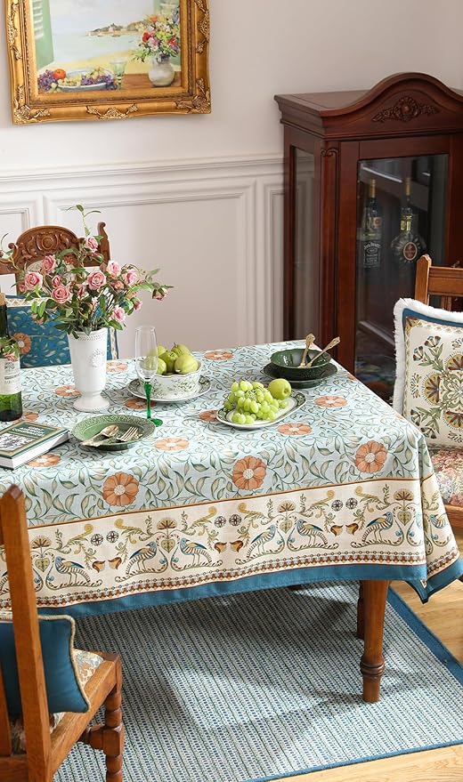 patdrea Designer French Linen Blue Tablecloth for Sqaure Table,Vintage Floral Table Cloth,Colorful Decoration Small Cover Kitchen Dining for Tea Party,Thanksgiving,Christmas,55"x55"-Wensel